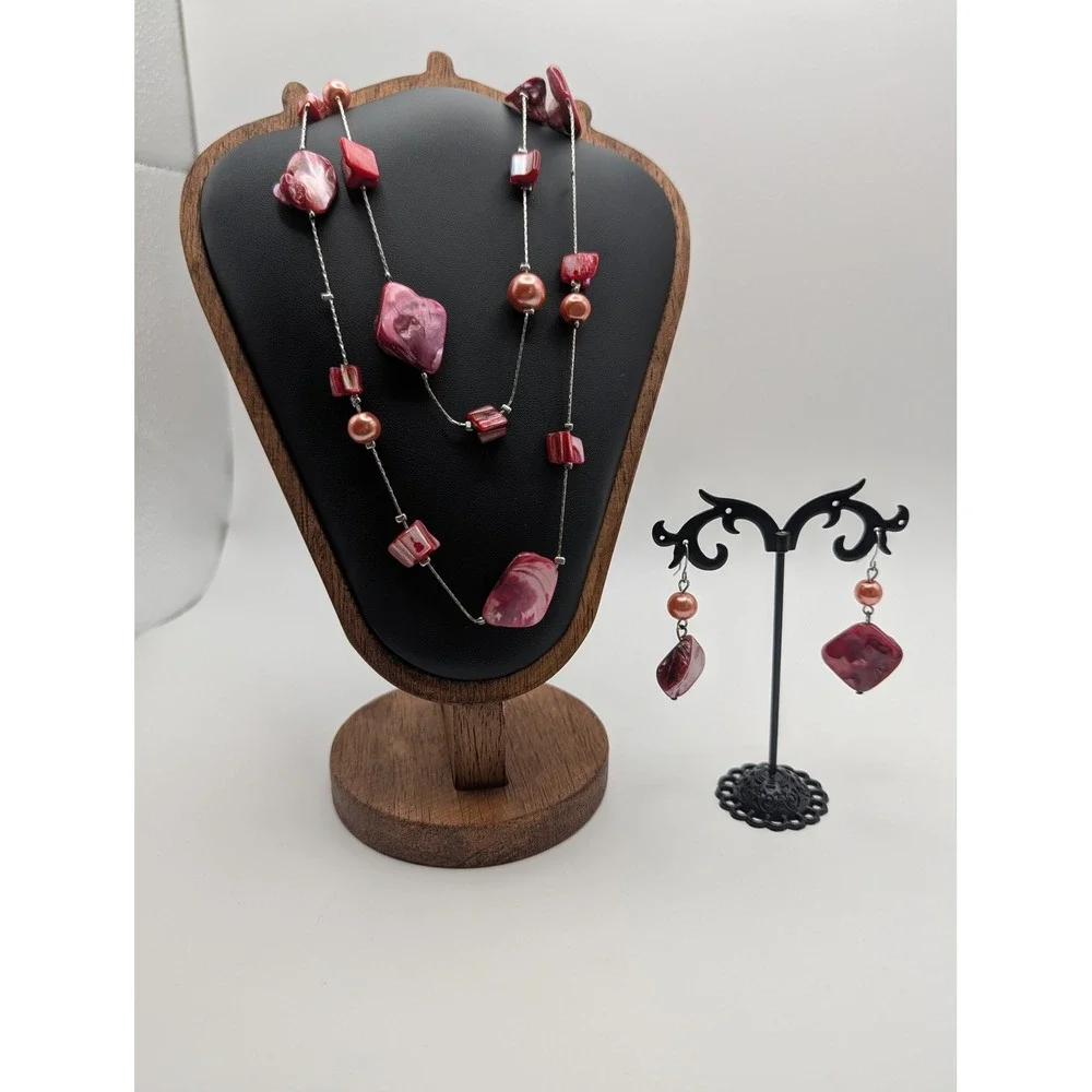 Unsigned Pink Mother of Pearl Shell Multi Strand Necklace and Earring Set Boho